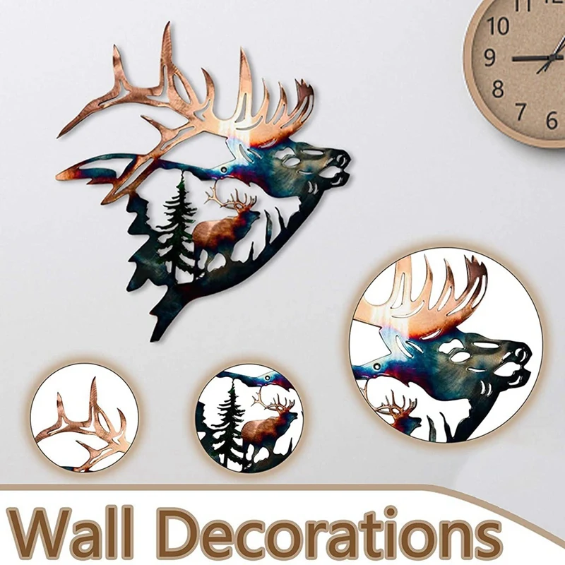 Home Collection Metal Wall Decor, Elk Deer Metal Wall Art Sculpture Silhouette Craft With Rustic Cabin Decor Finish Durable C