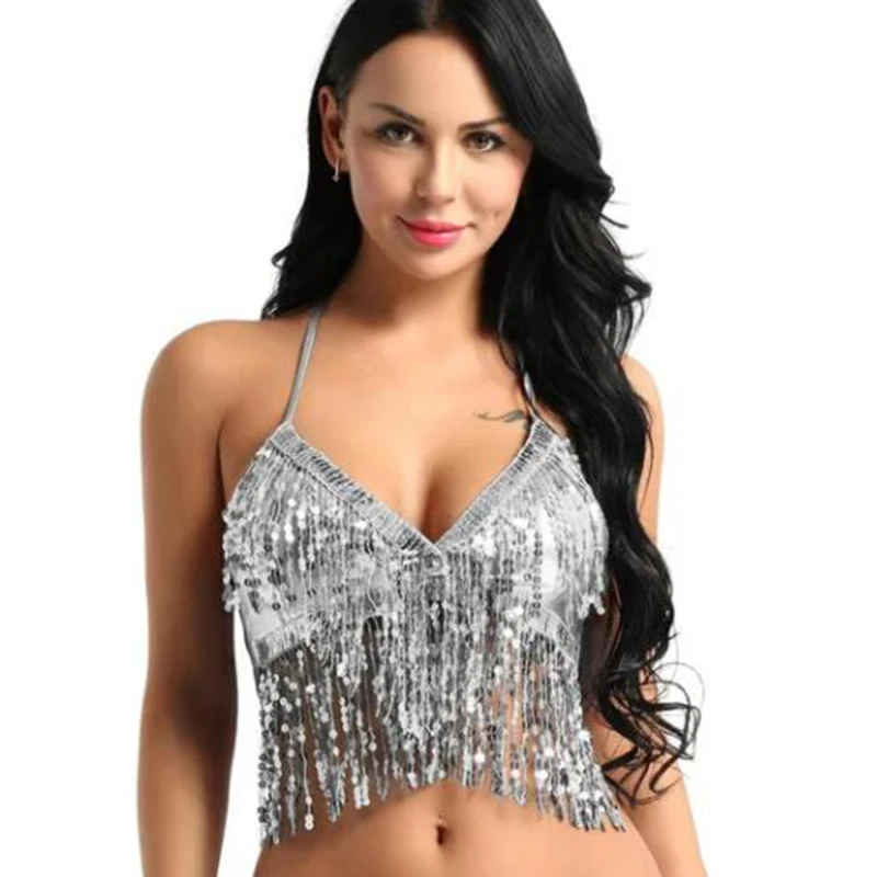 Shiny Sequins Belly Dance Costume Nightclub Halter Bra Sequin Performance Outfits Club Party Festival Rave Dance Sexy Crop Tops