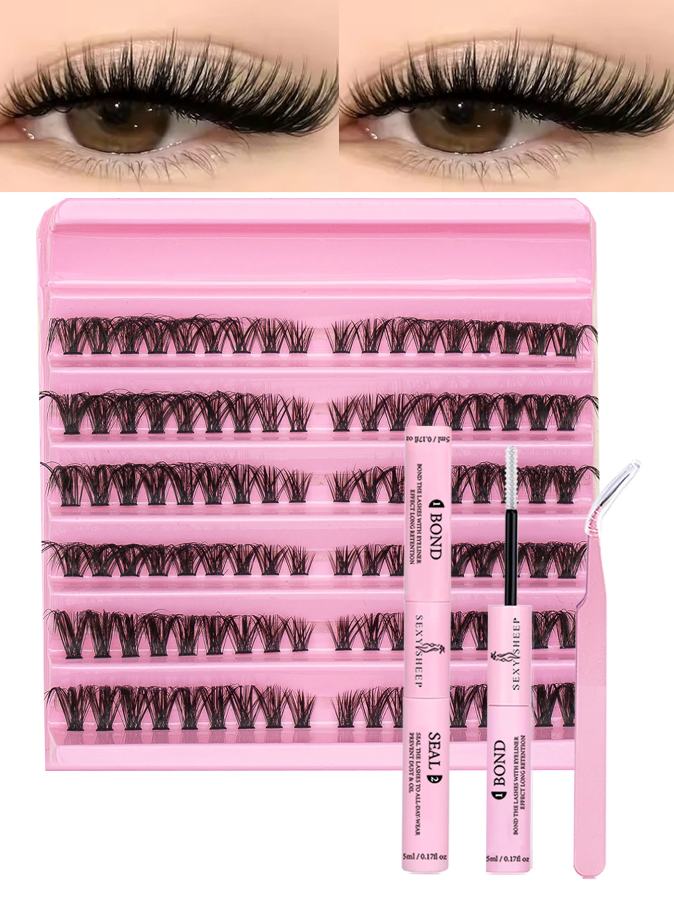 108pcs Eyelash Clusters Kit D Curl DIY Eyelash Extensions with Bond and Seal  Lash Tweezers Long-Lasting Volume Lashes