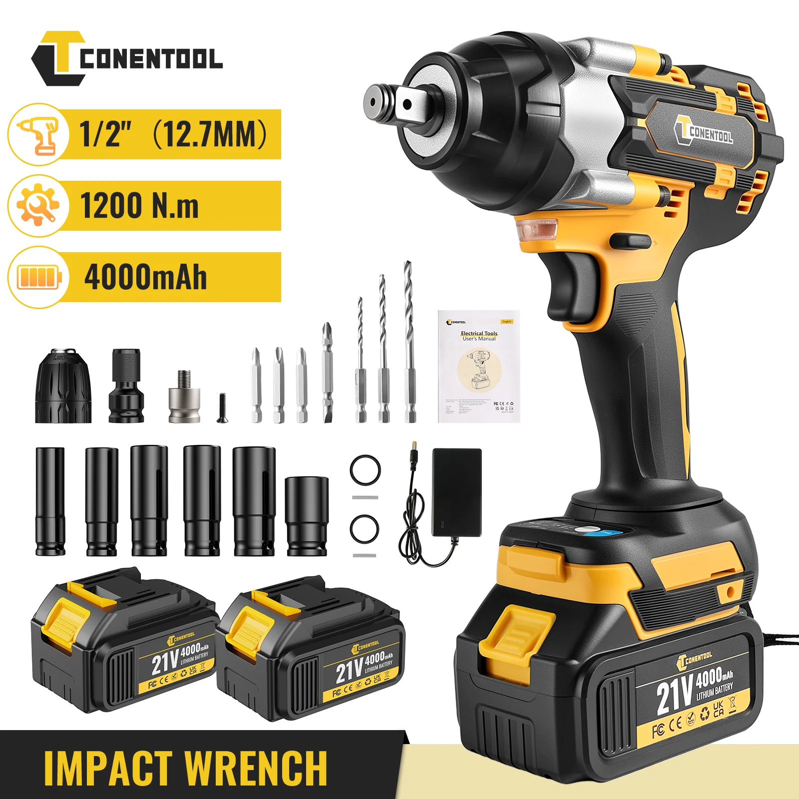 CONENTOOL 1200N.M clé électrique sans brosse 3-en-1 clé à chocs sans fil tournevis électrique perceuses pour Makita 18V batterie broche