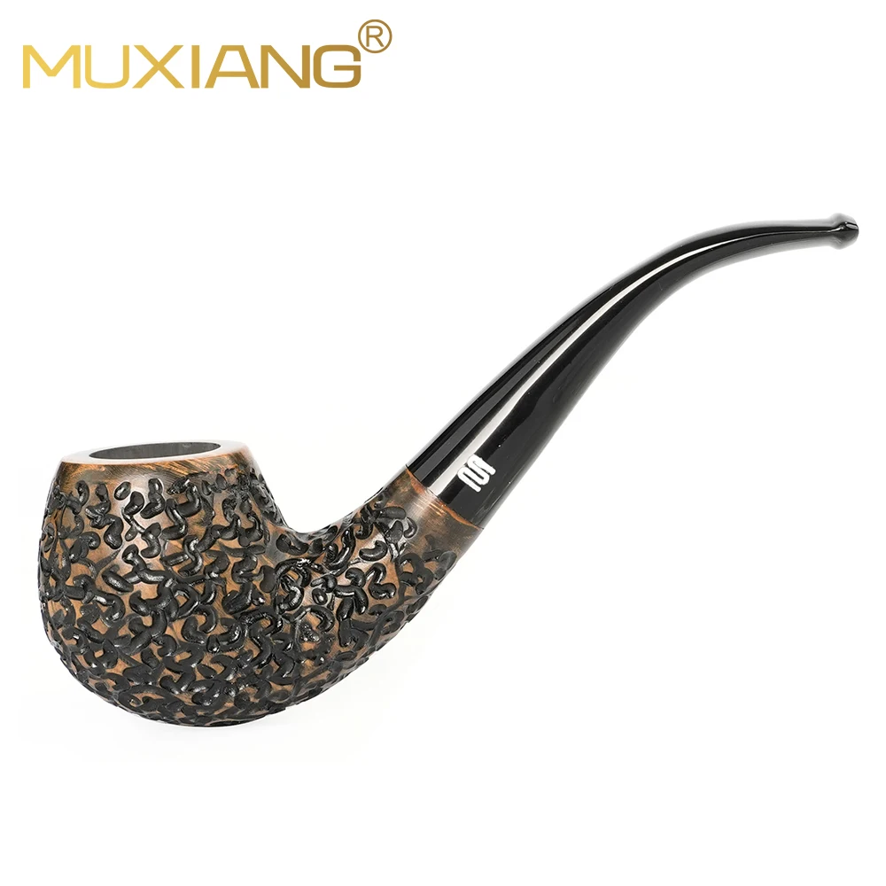 

MUXIANG Handmade briar wood tobacco pipe classic apple pipe acrylic curved handle vintage color carve pipe gift 9mm pipe channel