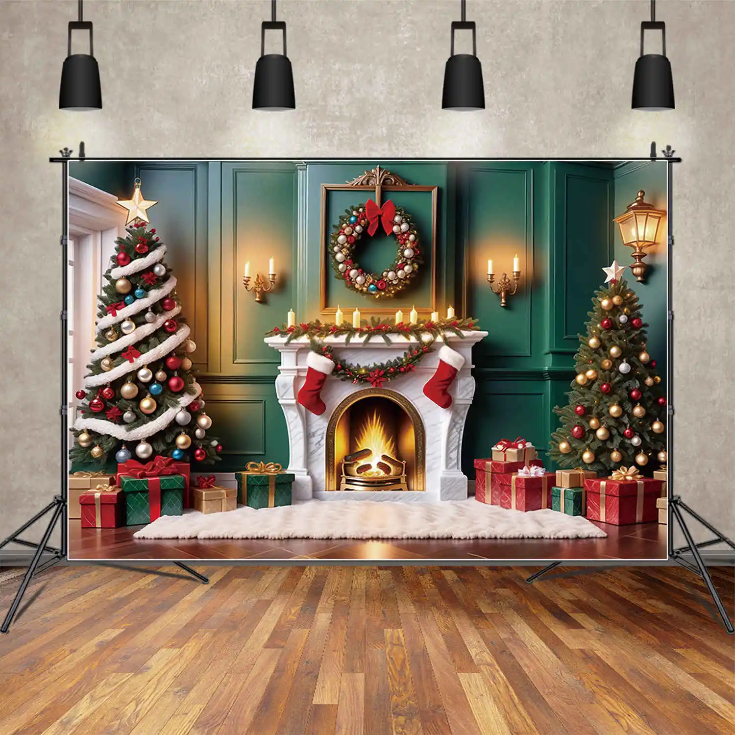 MOON.QG Christmas 2025 Backdrop Xmas Photography Background Fireplace Xmas Tree Living Room Children Party Back Drop Supplies