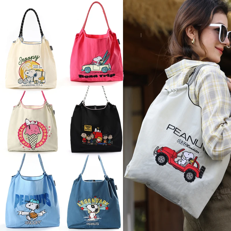 

Snoopy Women Tote Bag Anime Large Capacity Handbag Embroidered Nylon School Work Shopping Bag Cartoon Girl Shoulder Bag Gifts