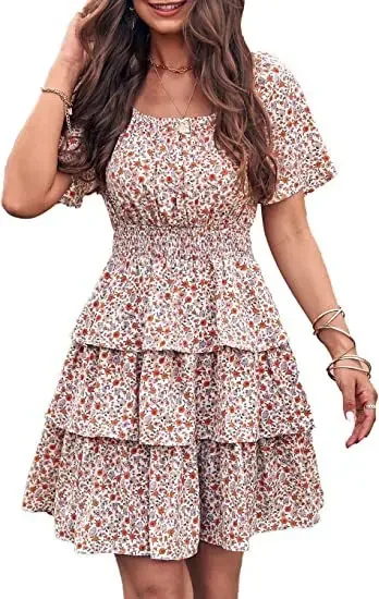 Women  Flower Short Dress Square Collar Short Sleeve Layered Pleated Bohemian Skirts for Top Set Summer Skirts Summer Skirts