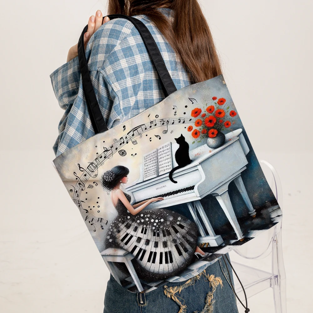 4pcs Piano Girl Large Capacity Linen Tote Bag