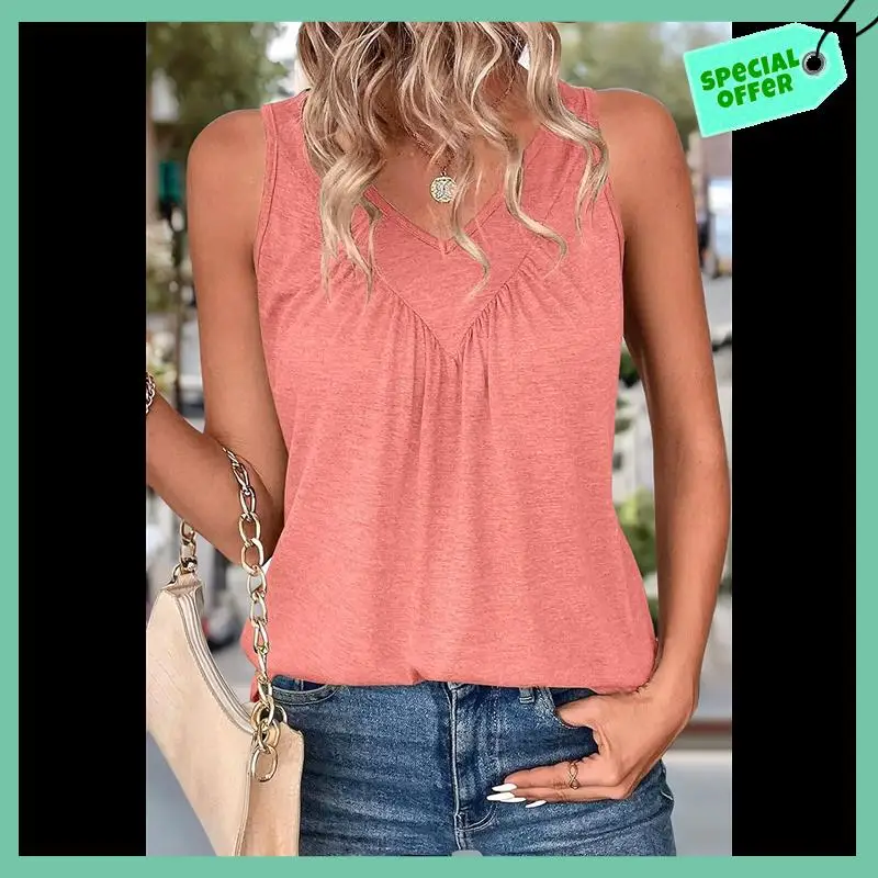 

Sturdy Tank Top For Women Loose Fit Sleeveless Shirts V Neck Summer Clothes Ruched Women's Tees And Tanks Curved Hem