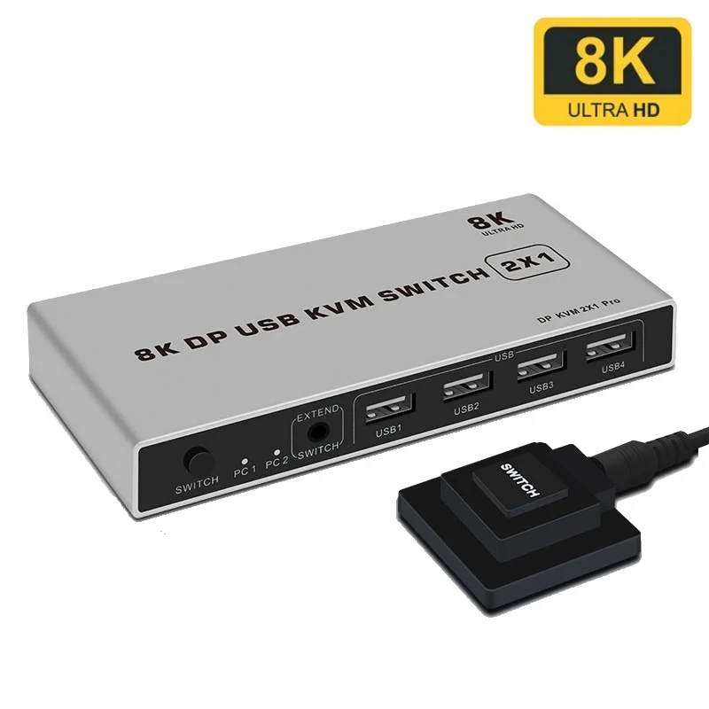 

8K 60Hz Displayport KVM Switch 2x1 DP 1.4 USB Switcher 2 in 1 out for 2 PC Share Monitor Mouse Keyboard with Desktop Controller