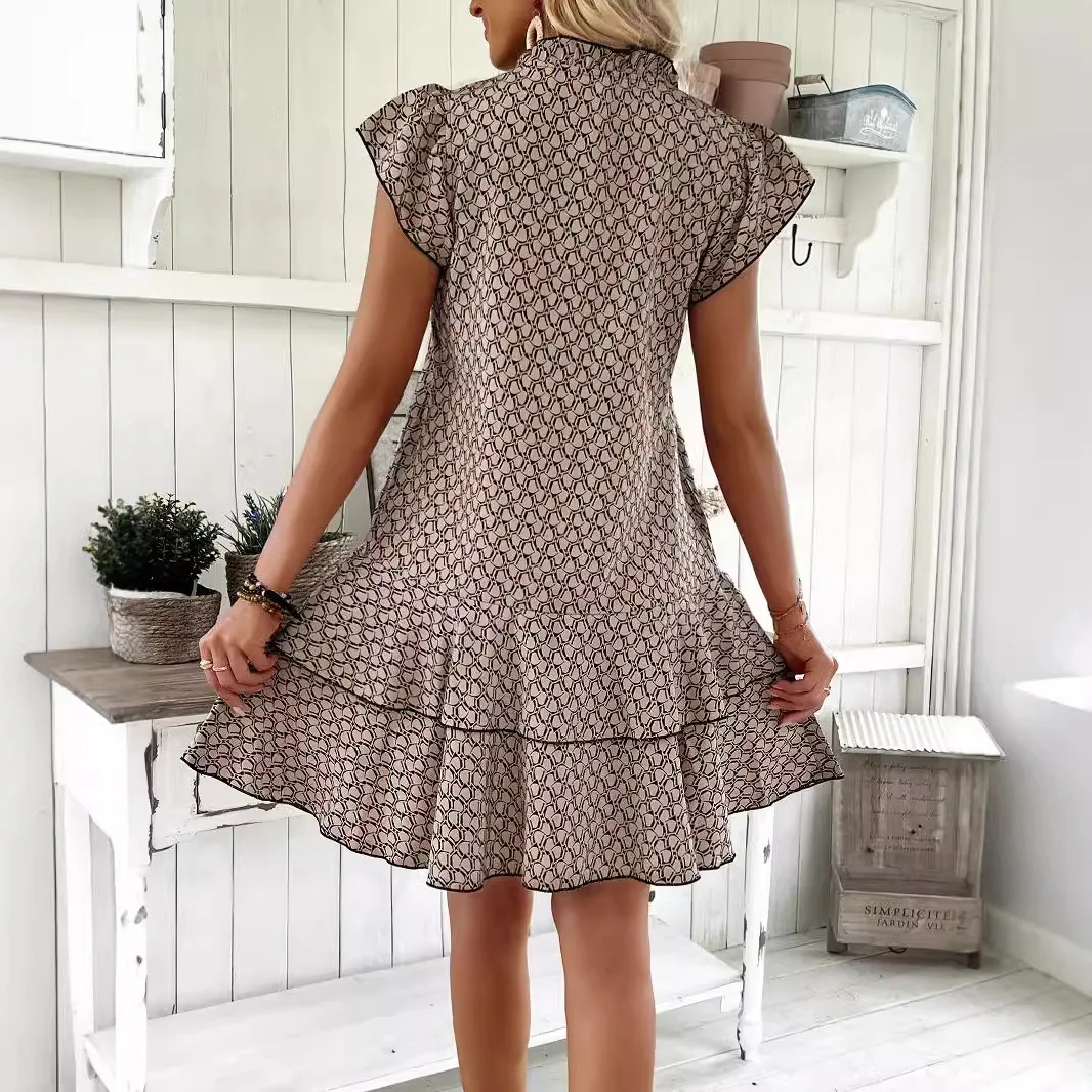 2025 Elegant Women's Casual Loose Ruffle Mini Dress Bohemian Printed V-neck Lace-up Small Flying Sleeve Dresses For Women S-3XL image 2