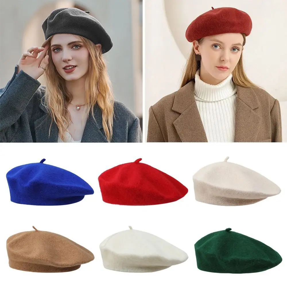 Women Girls Warm Wool Berets Hat Solid Color Retro Plain Cap All Matched Elegant French Artist Hat Lady