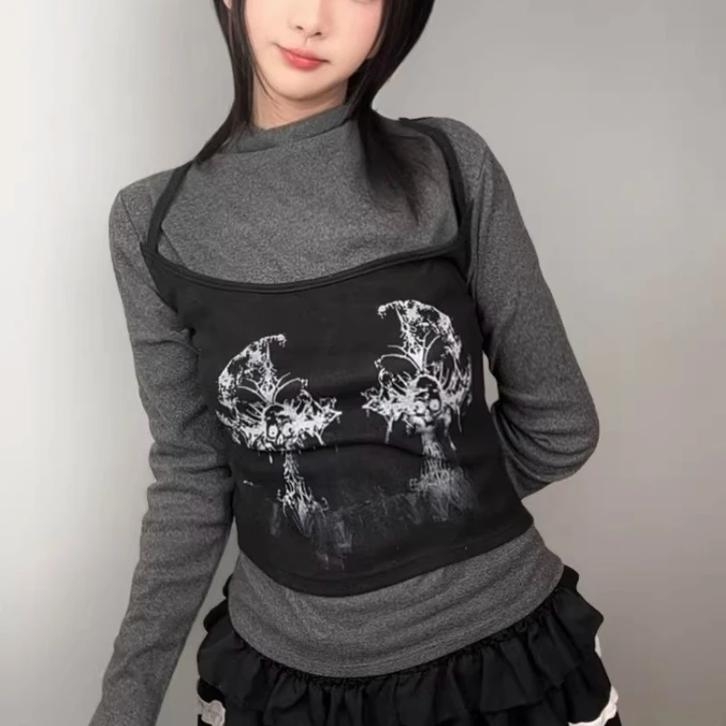 Original Design Subculture Fake Two-Piece Women's Bottoming Shirt 2026 Spring Sweet Cool Versatile Long Sleeve T-Shirt Ladies