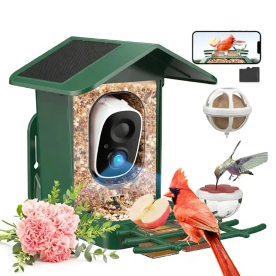 

Backyard bird feeder with solar-powered camera AI bird identification auto capture 32GB card 2K HD live video instant notificat