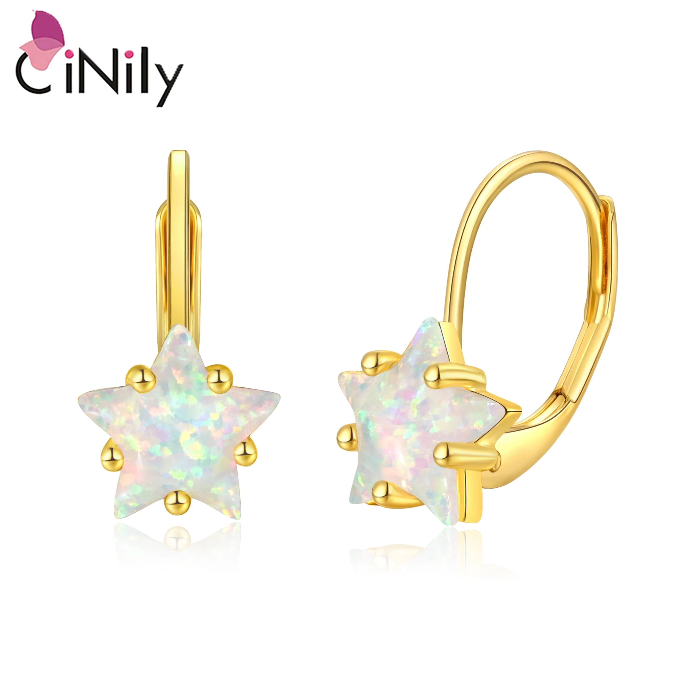 CiNily Cute White Fire Opal Hoop Earrings Yellow Gold Plated Lovely Star Earrings for Women Girls Wedding Fashion Jewelry Gifts