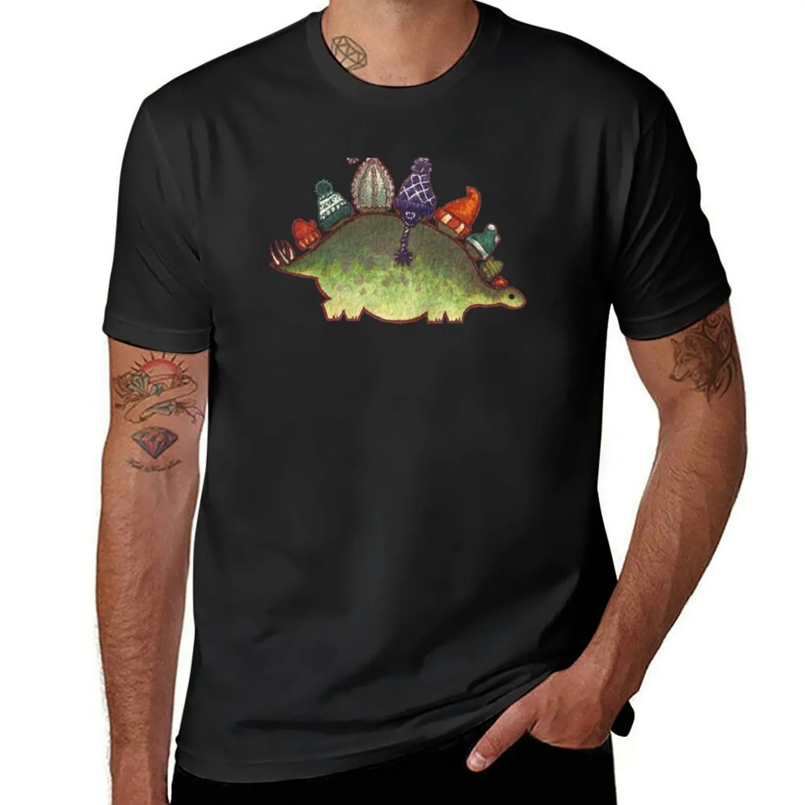 Green Stegosaurus Derposaur with Hats T-Shirt vintage plus size tops sublime plain black t-shirts for men