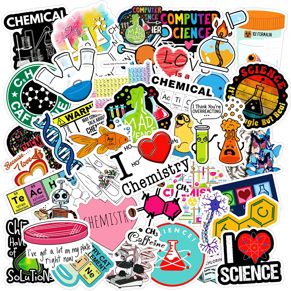 10/30/50pcs Cute Science Chemistry Biology Laboratory Cartoon Stickers Decals Kids Toys Laptop Guitar Phone Decoration Sticker