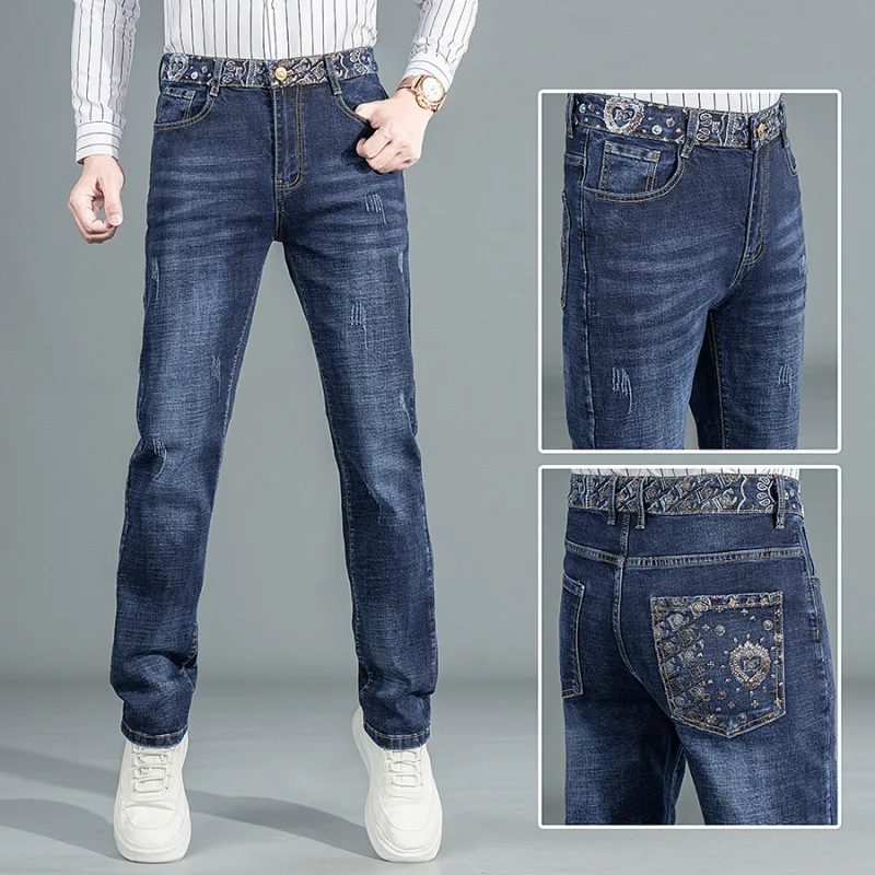 

Осень 2024, новые мужские джинсы с вышитым принтом, свободные прямые, модные и модные, красивые и повседневные длинные брюки