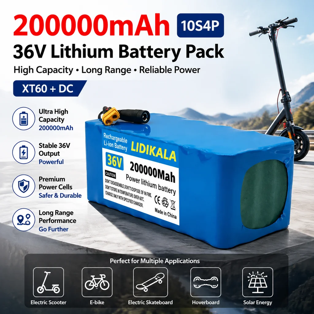 10S4P 36V 200Ah 200000mAh 18650 Wiederaufladbarer Lithium-Ionen-Akku mit integriertem BMS-Schutz, Ersatzakku für Elektroroller & E-Bike