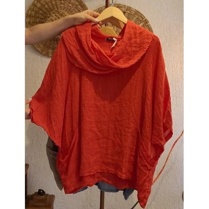 2025 nueva moda para mujer, blusa de gran tamaño con hombros descubiertos, Tops lisos con manga de murciélago, camisa holgada con dobladillo Irregular para vacaciones para mujer