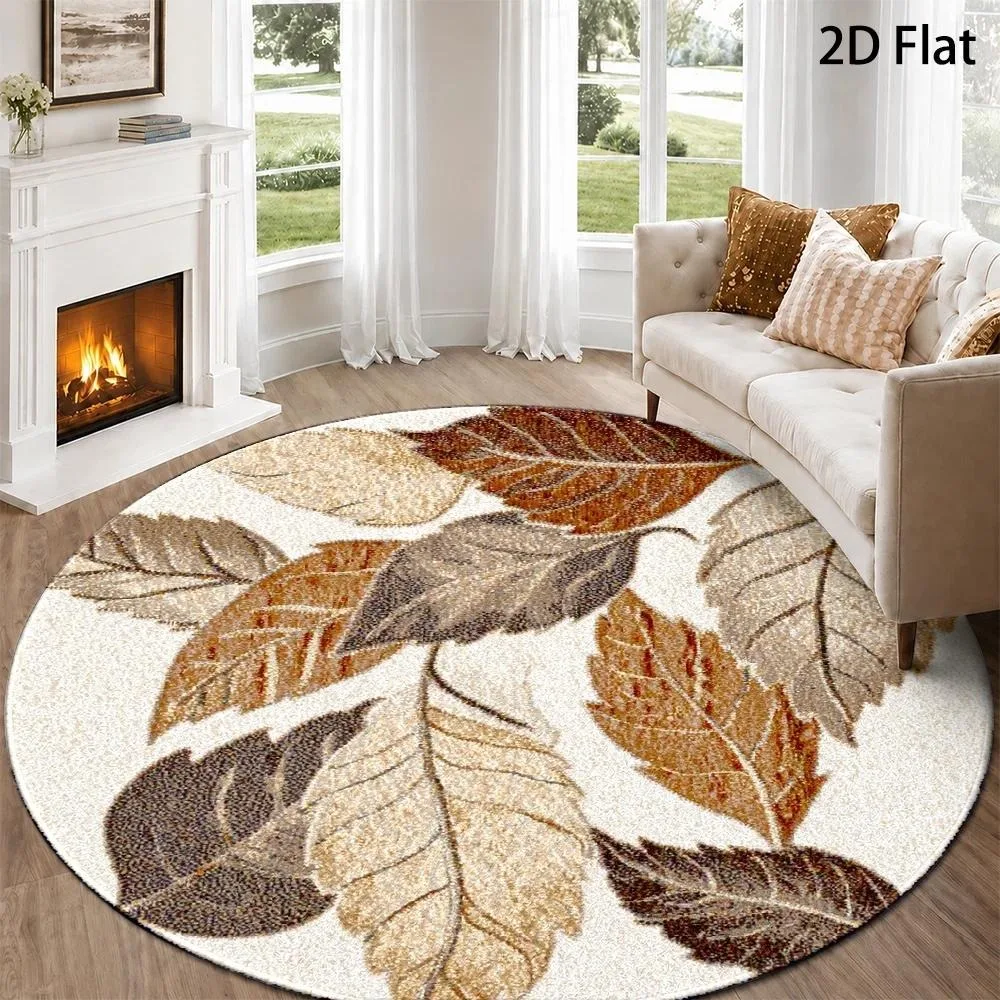 Vintage Botanical Round Carpet Distressed Faded Fall Leaf Vein Retro Washed Texture Print Circular Floor Rug for Living Room