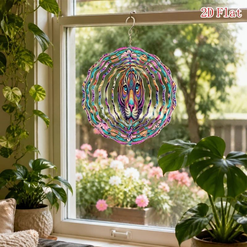 2D Flat Rotating Hook Windmill, Fierce Tiger Pattern Metal 3D Rotating Wind Chime with, Outdoor Garden and Patio Decoration