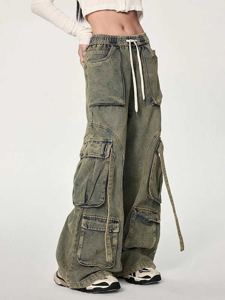 Retro Jeans Cargo Pants Women High Waist Wide Leg Loose Casual Elastic Waist Drawstring Washed Denim Pants for Couple