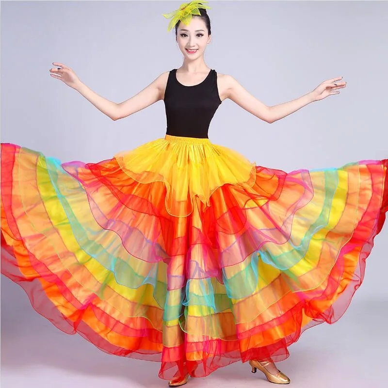 Jupe Flamenco espagnole pour femmes, lisse, grande balançoire, couture en dentelle, fête de carnaval, salle de bal, Costumes de danse du ventre gitane, 360 – 720