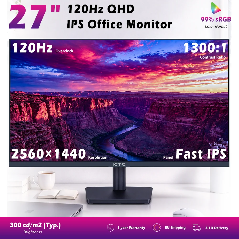 KTC H27T27 – monitor do biura, 27 cali, rozdzielczość 2560×1440 (2K QHD), szybki ekran IPS, częstotliwość odświeżania 120 Hz, 99% gamy kolorów sRGB, obsługa HDR, FreeSync i G-Sync, redukcja