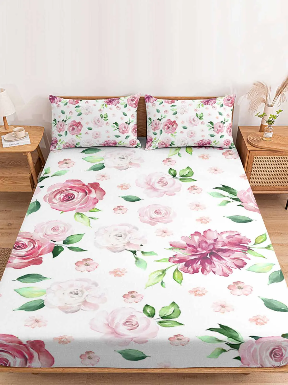 Watercolor Flower Leaves Polyester Fitted Sheet Mattress Cover Four Corners Elastic Band Bed Sheet Pilllowcase