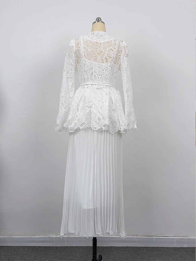 بدلة تنورة للنساء موضة نحيفة من الدانتيل بأكمام طويلة ورقبة على شكل حرف v مفرغة برباط على شكل حرف a بدلة تنورة نسائية طقم مكون من قطعتين Q1934 #5