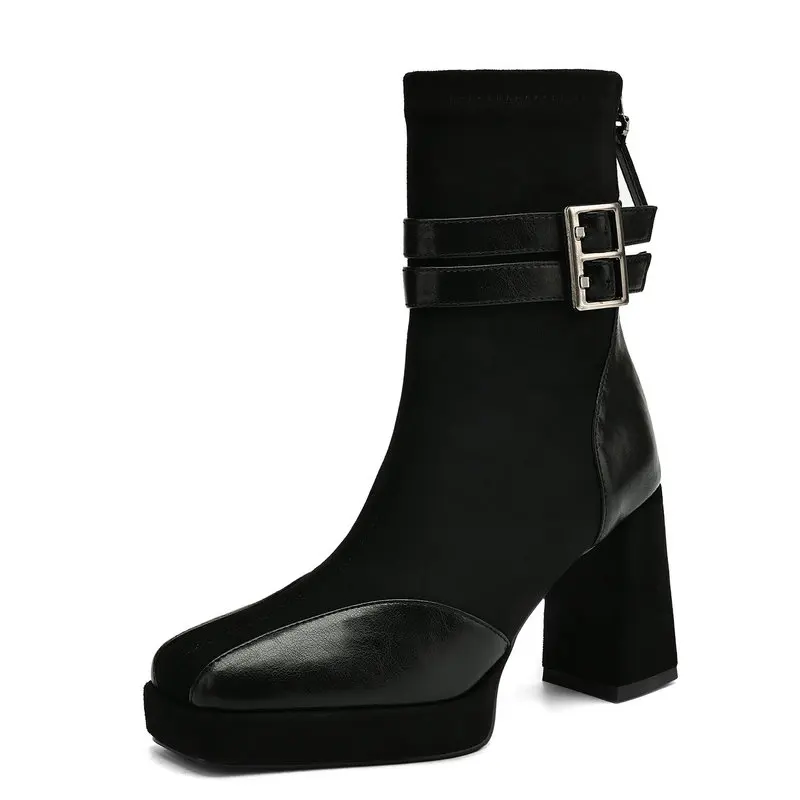 

2025 Fashion Platform Women Boots Genuine Cowhide Leather High Heel Sexy Modern Boots Square Toe Shoes Autumn Winte