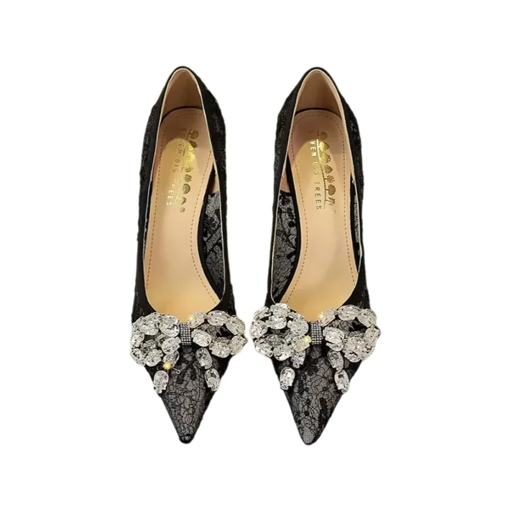 

Womens Black Lace Pointed Toe High Heel Pumps With Rhinestone Flower Detail Elegant Stiletto Heels For Wedding Party And Formal