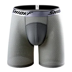 Seamless Men Boxer Shorts Mesh Breathable Sport Cool Ice Silk Long Leg Big Cock Pouch Underwear Running Tight Boxer Shorts