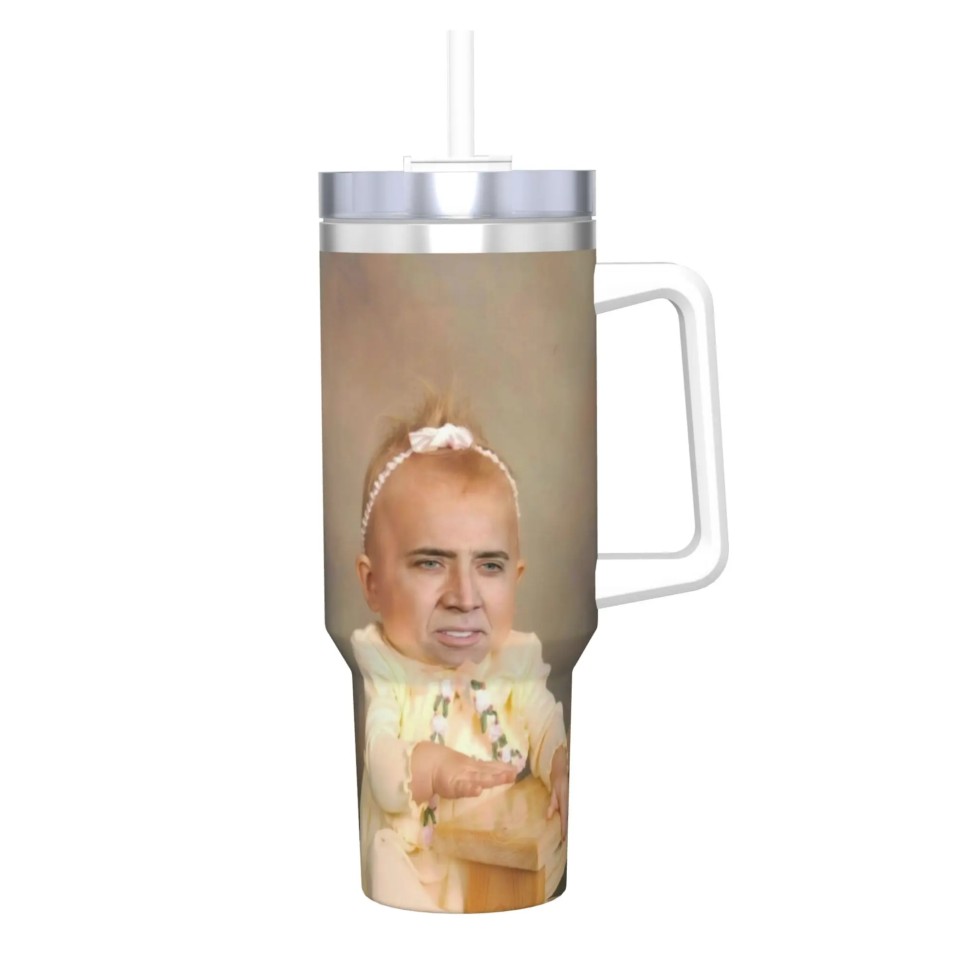 Nicolas Cage Tumbler With Straw  Stainless Steel Tumblers Cup Double Wall Vacuum Insulated for Cold Or Hot 40oz