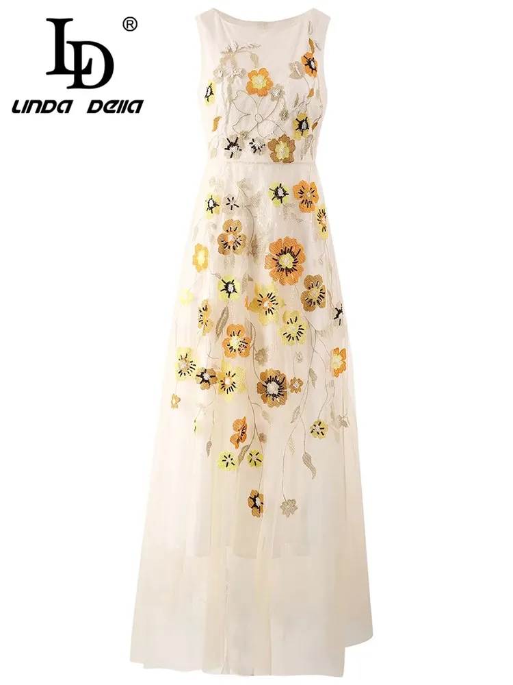 

LD LINDA DELLA 2024 Summer Cheap Casual Dresses Women's Flower Color Sleeveless Netting Embroider Sequin Travel Long Dress