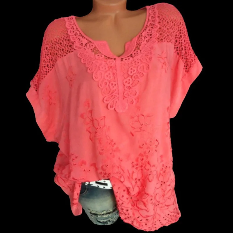 Zomerse Damesblouses En-Tops Met Korte Mouwen En Losse Witte Kanten Patchwork Shirt 4xl 5xl Damestops Vrijetijdskleding