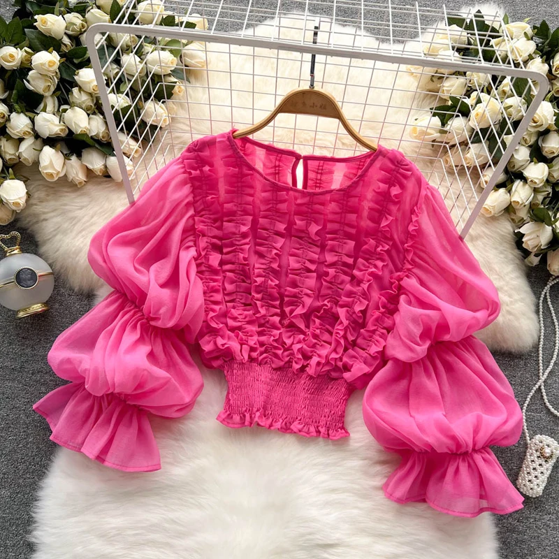 Pretty women\'s Ruffled blouses 2022 New Pink Slim O-neck long puff sleeve tops female shirt Beach Designer clothing INKEO 2T167