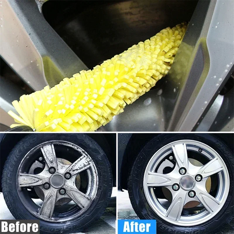 1-4Pcs Portable Car Wheel Brush Yellow Sponge Scratch Free Auto Wheel Tire Rim Scrub Brushes Cleaning with Handle Washing Tool