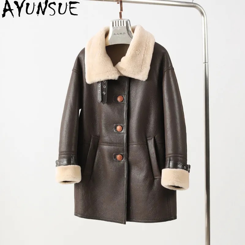AYUNSUE Real Leather Jacket Women Warm Clothes Mid-length Natural Merino Sheep Fur Coat Woman Loose Fit Motorcycle Outerwears
