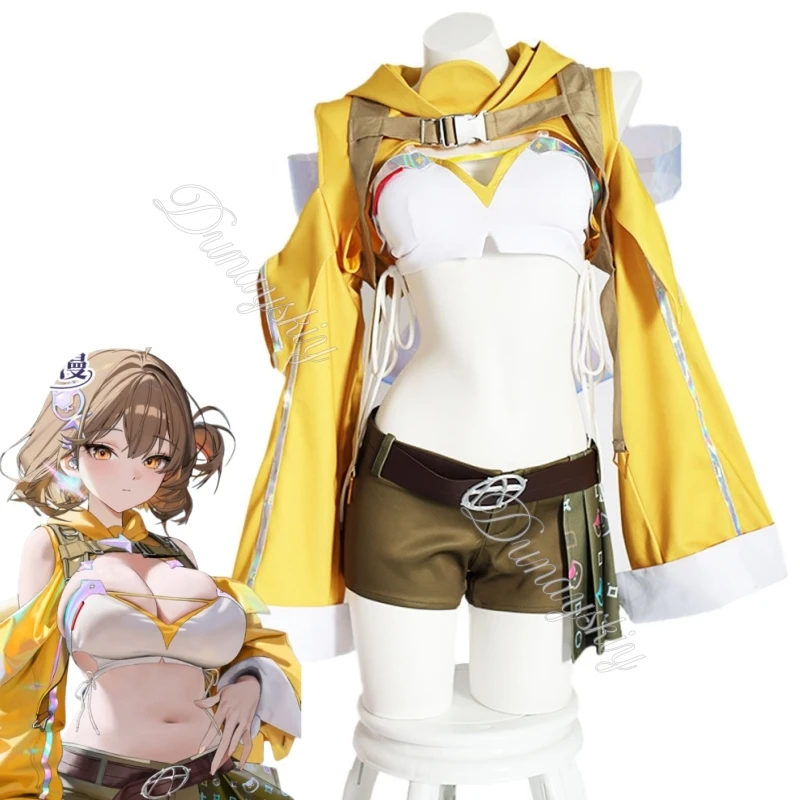 Vic Godndness Anis Cosplay Costume Yellow Hooded Crop Top Set White Inner Top Shorts Full Set For Women Halloween Cosplay Game