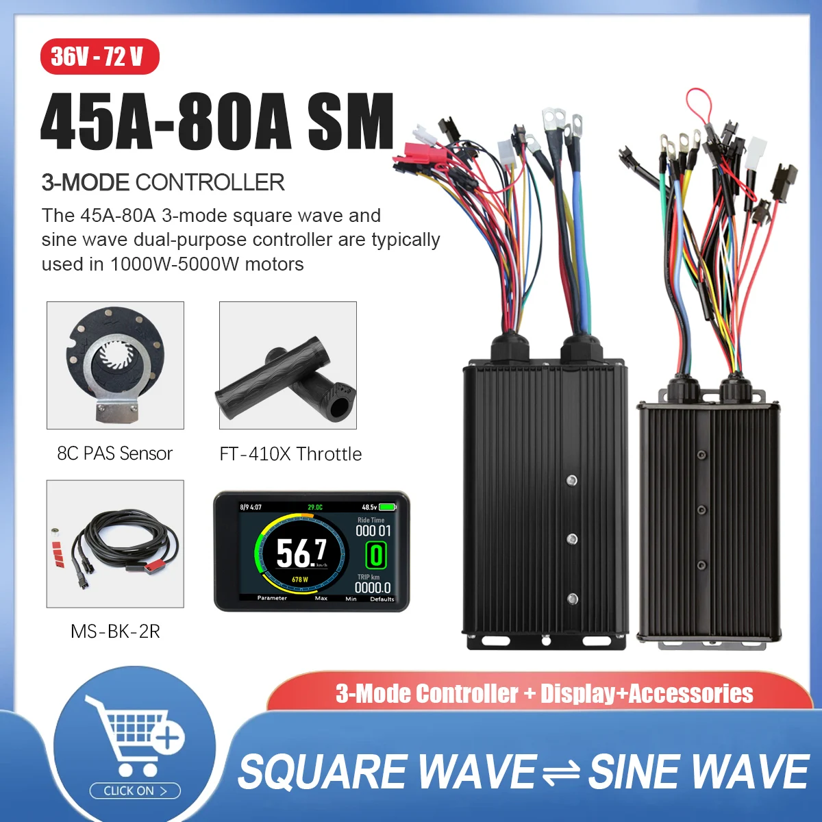 

36V-72V Ebike Conversion Kit Controller 3 Mode 45A/60A/80A Sine to Square Wave Converter with JN Display for 1000W-5000W Bikes