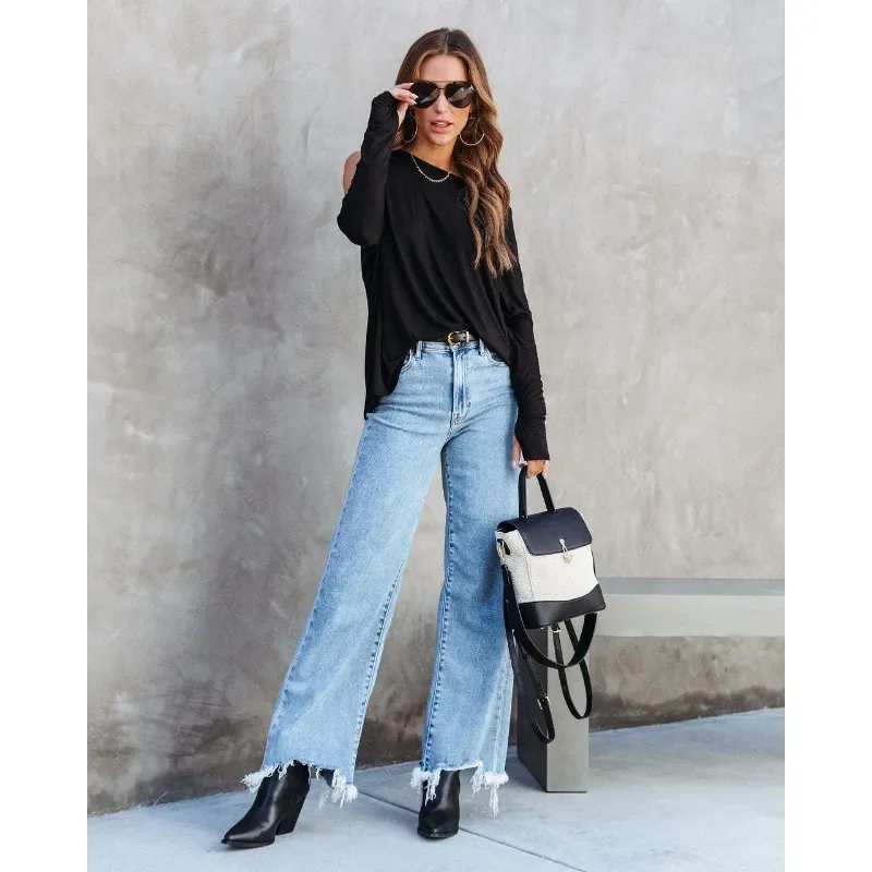 Baggy Jeans Women Tassel Straight Pants Blue Jeans Streetwear Trouser Wide-legged Pants Women Clothes High Waisted Pants Korean