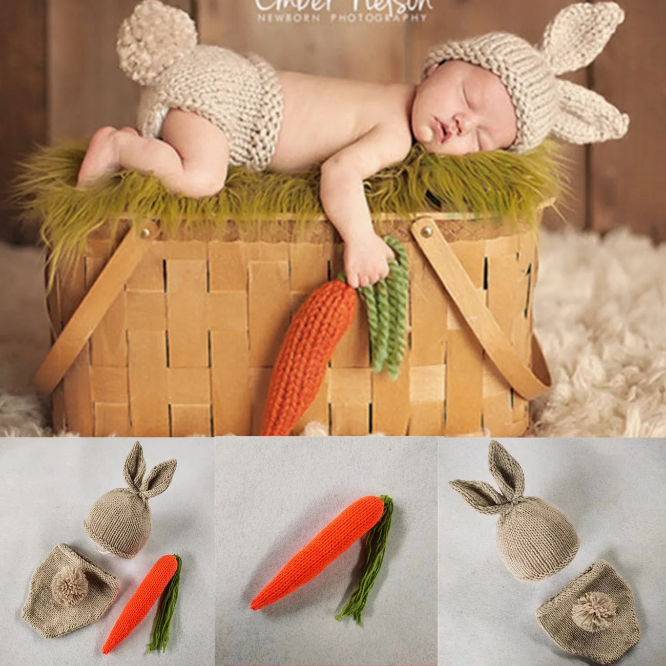 Newborn Baby Photography Props for Boys Girls Rabbit Style Shooting Clothe Knit Pant Hat Radish Costume Baby Photoshoot Romper
