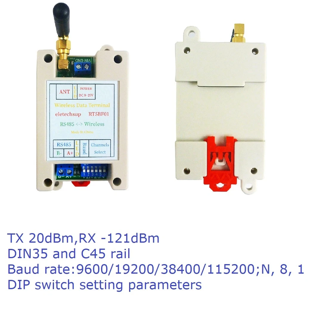 RT5BF01 DC 12V 24V Din Rail DIP Switch RS485 Wireless Transceiver 20DBM-121dBm UART Transmitter and Receiver Modbus RTU Module