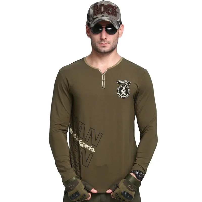 2024 Mens Long Sleeve V Neck T Shirt Cotton Plus Size T-shirt Casual Male Green Army Combat Tactical TShirt Military Top Tee 4XL