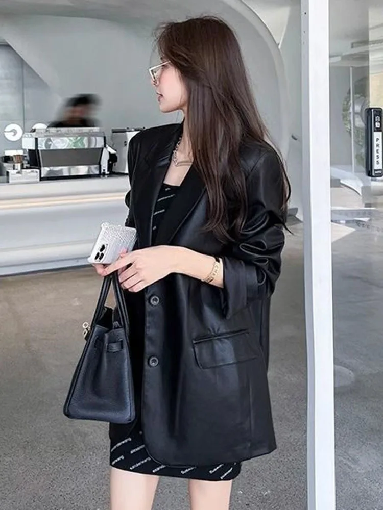 LANMREM PU Leather Fashion Jackets For Women Notched Collar Full Sleeves Single Breasted Coat Office Lady 2024 Autumn New 2VV335