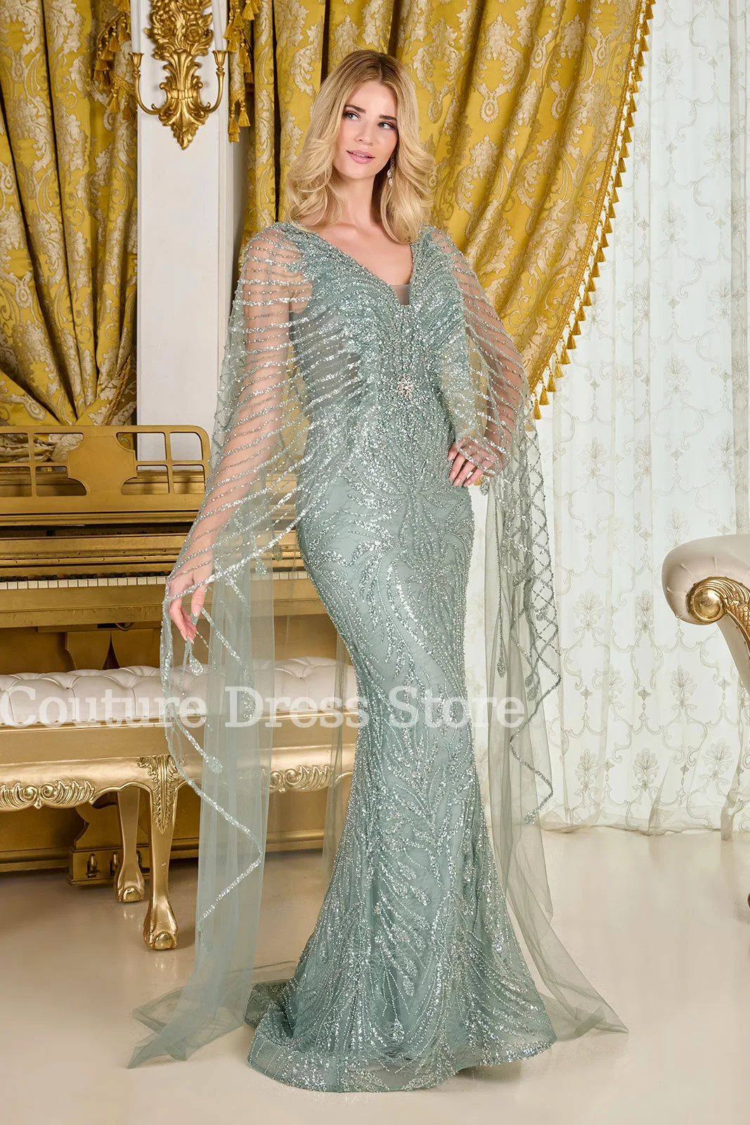 

Luxury Mermaid Evening Dresses V-neck Floor Length Mermaid Cloak Sequined Backless Women Banquet Prom Gowns.
