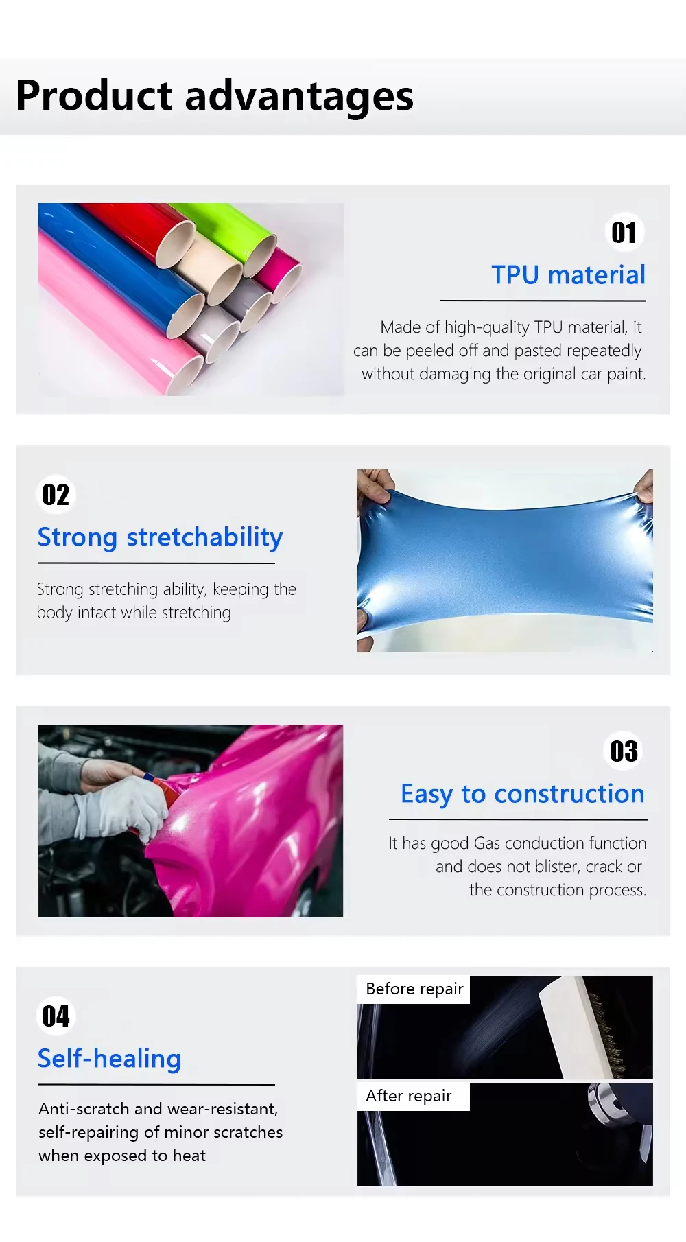 Self Adhesive TPU 3M Colored Ppf Self-healing Color Ppf Film For Cars Hydrophobic High Gloss Wrap PPF TPU Paint Protection Film