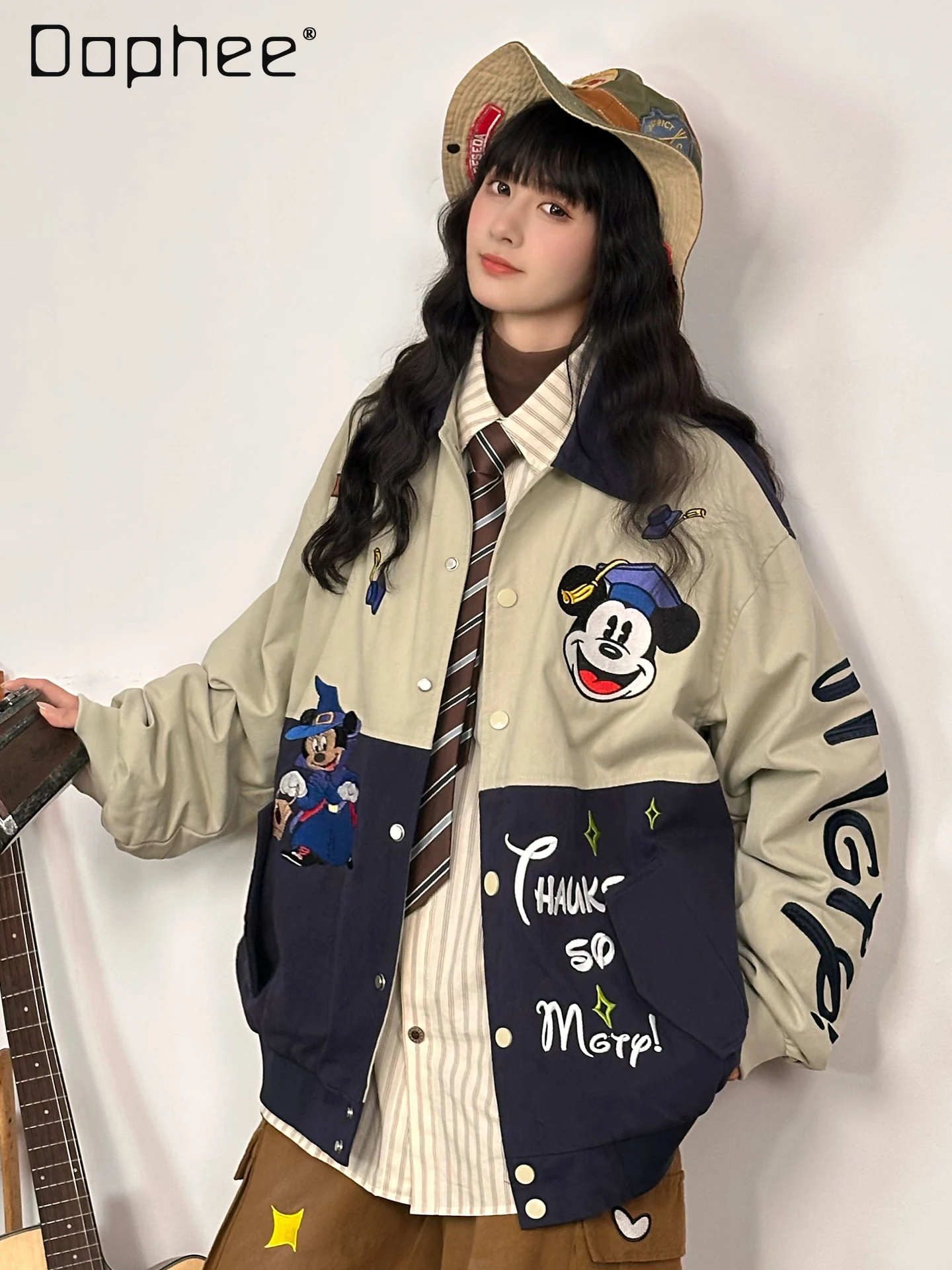 

American Retro Cartoon Embroidery Turn-Down Collar Color-Block Jacket Unisex Loose Casual Coat Autumn Winter Couple Coat