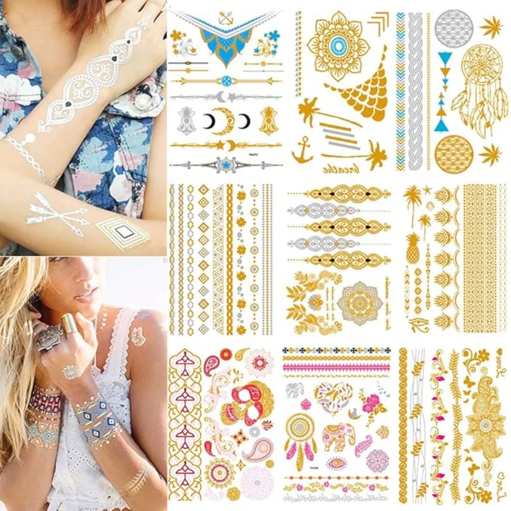 

9-листые металлические татуировки с мандалой, золотые татуировки, временные наклейки для тела, поддельные татуировки для женщин, сексуальные татуировки для женщин