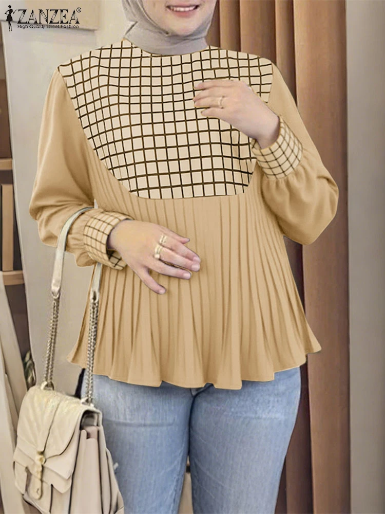 

ZANZEA 2022, женские топы с круглым вырезом и длинными рукавами, осенняя блузка, элегантная плиссированная рабочая рубашка в стиле пэчворк, Blusas Mujer Femme, мусульманская Абая