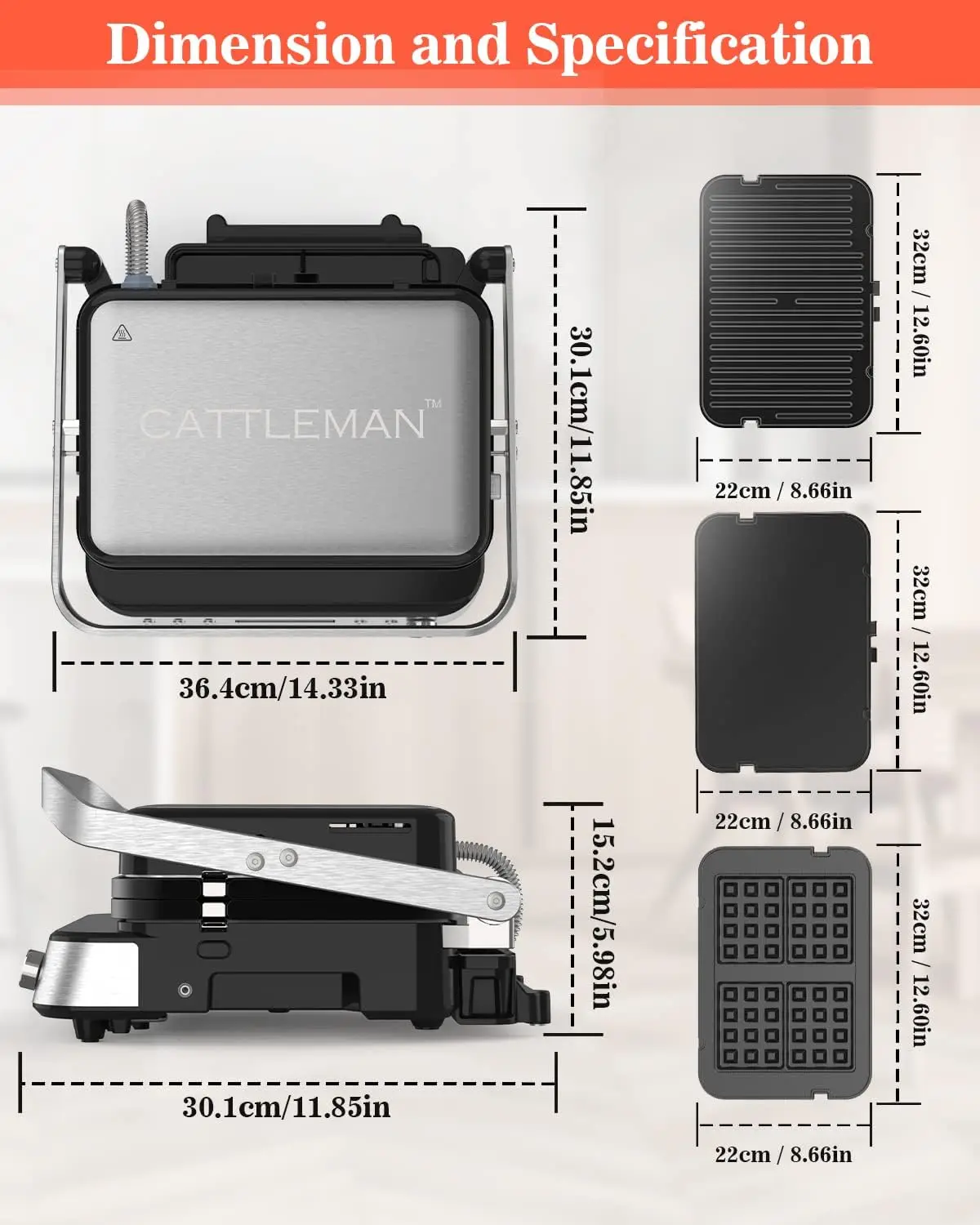 CATTLEMAN Panini Press Grill Sandwich Maker with Removable Plates 1600W 6 in 1 Indoor Grill with Meat Thermometer Electric